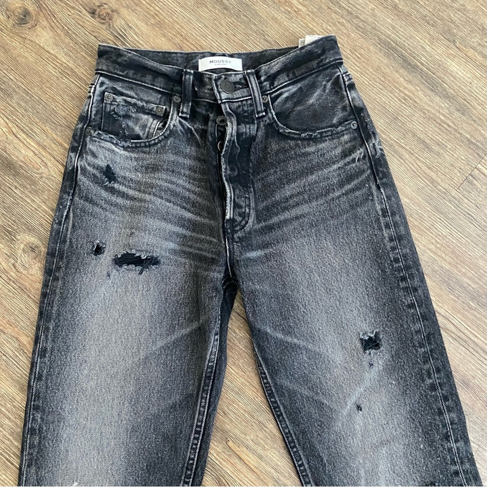 Moussy Vintage Black Odessa Wide Straight Leg‎ High Rise Distressed Jean - Picture 6 of 12